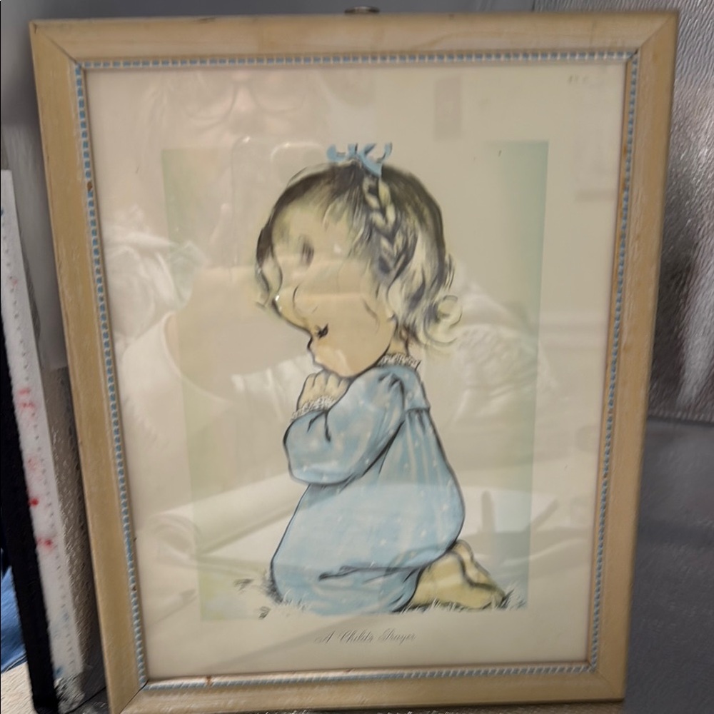 Framed Vintage Art Print with Child in Blue Pajamas praying
